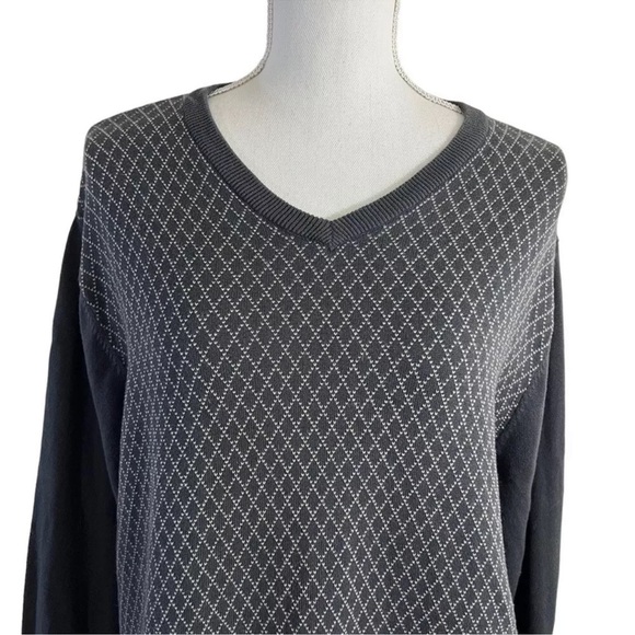 Structure Argyle Sweater Top Large 100% Cotton V Neck Golf Gray White Pullover - Picture 2 of 6